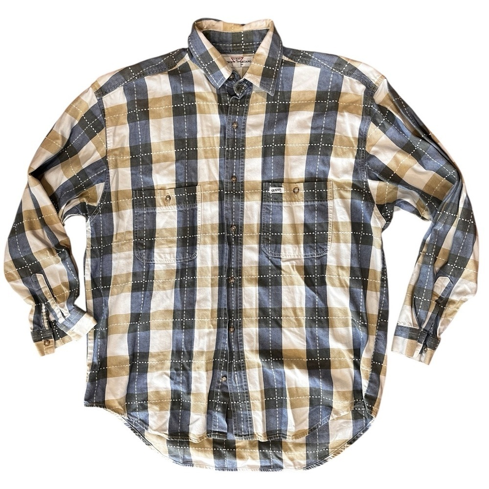 Classic  Guess By Georges Marciano Men's tan Plaid Denim blue Button Up Shirt M